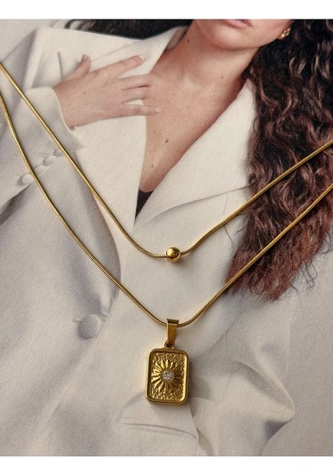 60 Cm Tek Taşlı Kare Güneş Paslanmaz Çelik Kararmaz Kadın Kolye Altın