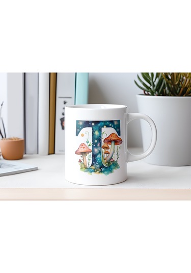 T Baş Harfi Fantastik Mantarlı Kupa Bardak - Kişiye Özel Masalsı Bardak - Hediye Beyaz