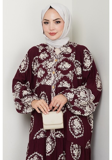 Giral Dokuma Viskon Elbise 1543 - Mürdüm Mürdüm