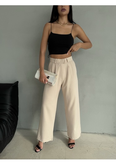 Kadın Cırt Kapama Bol Paça Palazzo Pantolon Bej