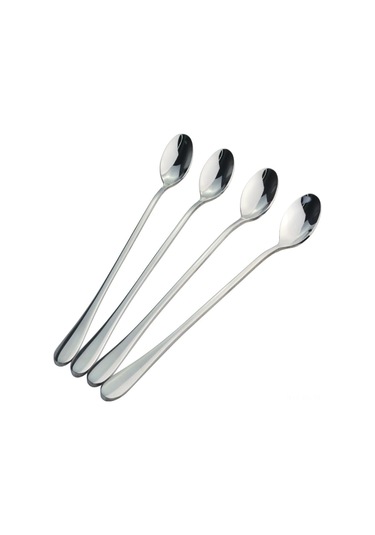 Kangvka 4 Adet Paslanmaz Çelik Uzun Saplı Kaşık Seti - Kahve, Çay, İçecek Ve Dondurma Karıştırma İçin Dayanıklı Ev Ve Bar Gereci Gümüş