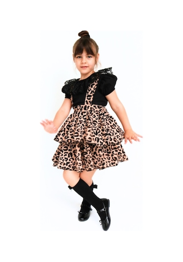 Kız Çocuk Helen Leopar Askılı Kat Kat Bağlama Jile Elbise Dantel Detay Kısa Kollu Bluz Takım