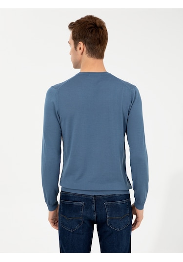 Cacharel Mavi Slim Fit Bisiklet Yaka Basic Triko Kazak