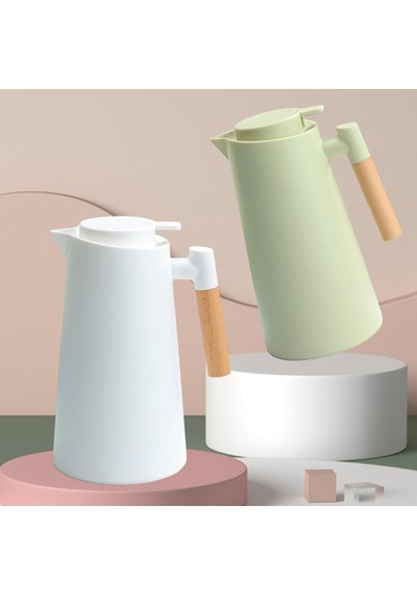 Hfambition 1 Litre Ahşap Saplı Çift Katmanlı Vakumlu Termos Kahve Sürahisi, Sıcak Ve Soğuk Saklama Özellikli Beyaz