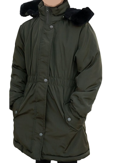 Kız Çocuk Haki Beli Lastikli Kapüşonu Kürklü Kol Ucu Ribanalı Fermuar Çıtçıt Kapamalı Midi Boy Mont Haki