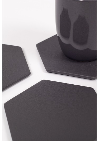 Antrasit Altıgen Deri Bardak Altlığı 3 Adet Siyah
