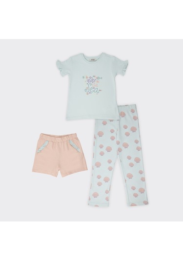Kız Çocuk Deniz Kabuğu Desenli 3'lü Set Pijama Takımı Mint 2411gk39001-4348 001