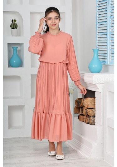 Kız Çocuk Uzun Boydan Pliseli Pamuklu Şifon Uzun Elbise SOMON