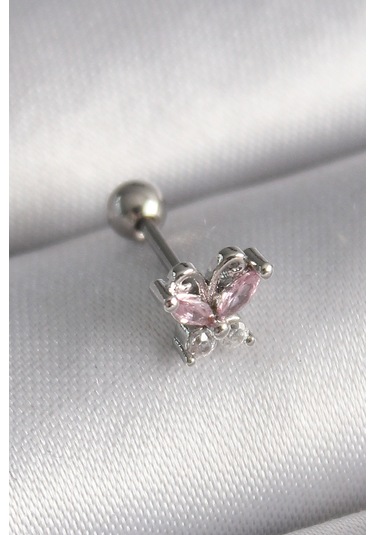 316l Çelik Gümüş Renk Pembe Zirkon Taşlı Kelebek Tragus Piercing