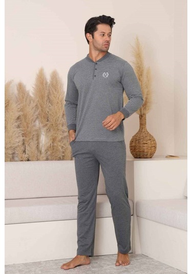 Alimer Erkek 3 Düğmeli Çizgili Desen %100 Pamuk Uzun Manşetli Kol Cepli Pijama Takımı Antrasit