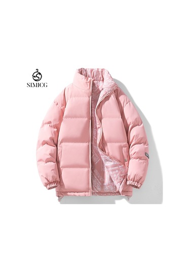 Dik Yaka, Kısa, Kalın, Rahat, Çok Yönlü, Sıcak Erkek Pamuklu Dolgulu Ceket Pembe