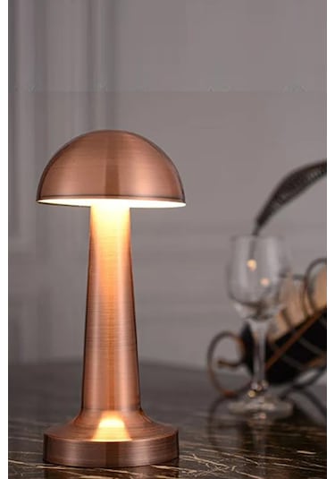 Mantar Model Retro Masa Lambası Rosegold Bakır Dimmerli Şarjlı