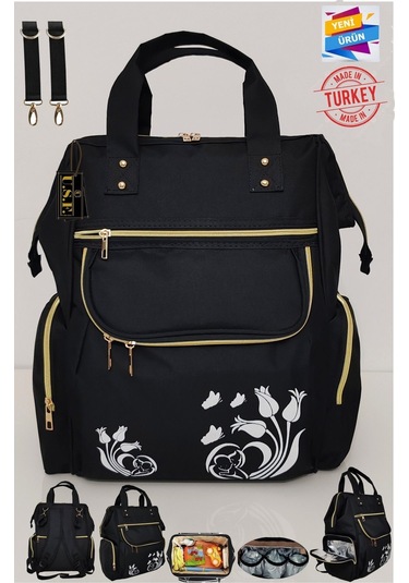 Bebek Bakım Çantası Organizatör Fonksiyonel Lüx Anne Bebek Bakım Sırt Çantası Lal Siyah