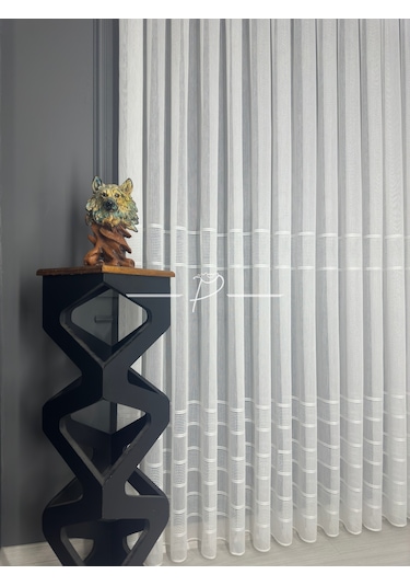 Tül Perde Monalisa Desen Bantlı Şerit Armür Etek Kurşun Sarım Ekru-ekru