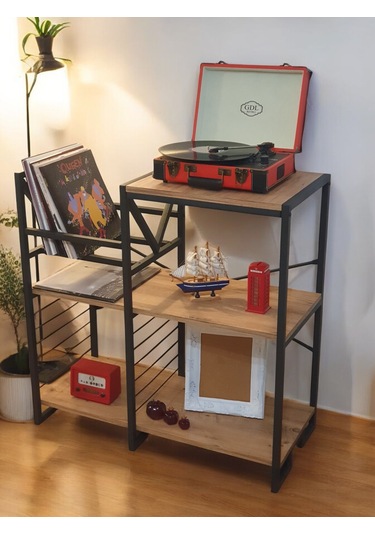 Plak Standı Metal Gövdeli Ahşap Raflı Pilak Köşesi Dresuar Siyah