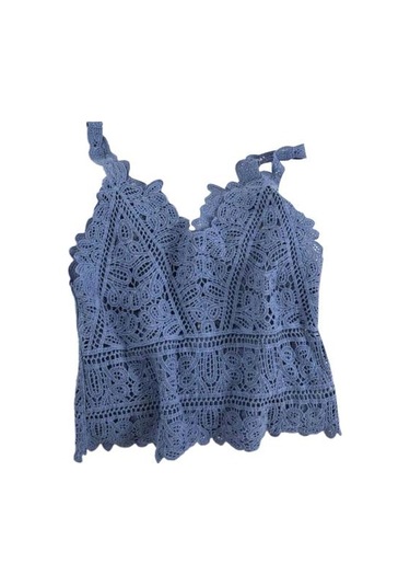 Mavi Kadın Yaz Yelek Üstleri V Yaka Kolsuz Tığ Örgü Üstleri Düz Renk Hollow Dantel Sling Mavi