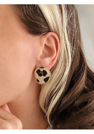 Leopar Asimetrik Oval Yuvarlak Model Küpe Leopar Desenli Çok Renkli