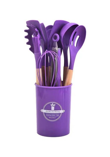 Kangvka Ahşap Saplı Silikon Mutfak Gereçleri 12'li Set - Tencere Uyumlu, Yıkama Kolay, Organize Depolama Kova İle Pembe Diğer