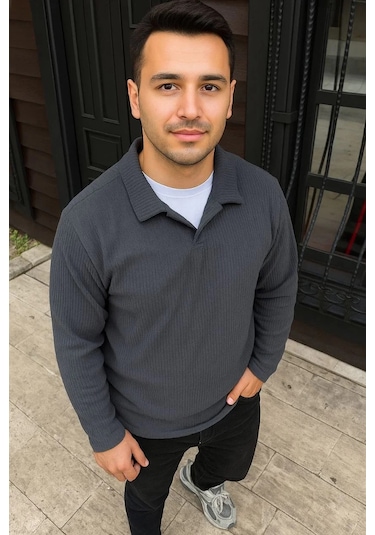 Erkek Fitilli Polar Sweatshirt Düğmesiz Polo Yaka, Oversize Rahat Kalıp, Kalın Polar Kumaş, Kışlık Füme