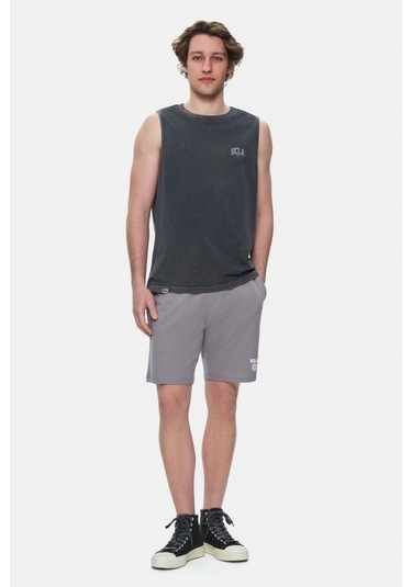 Elton Siyah Bisiklet Yaka Sıfır Kol Yıkamalı Baskılı Oversize Erkek Tshirt Siyah