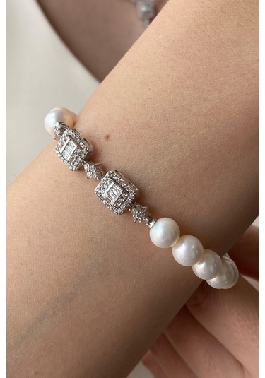 7,5 Mm Kadın Baget Taşlı Doğal İnci Küpe Kolye Bileklik Yüzük Dörtlü Set 11 Gümüş