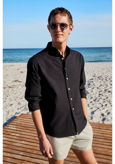 JEZER Erkek Hakim Yaka Uzun Kollu %100 Pamuk Regular Fit Siyah Gömlek