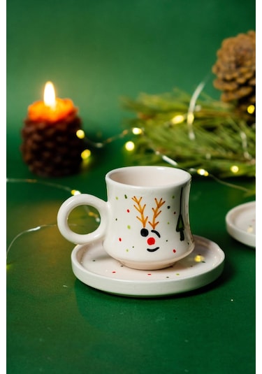2 Li Takım Yılbaşı Geyikli , El Yapımı Kazan Seramik Kahve Fincanı, Kahve Fincanı, Hand Made Beyaz