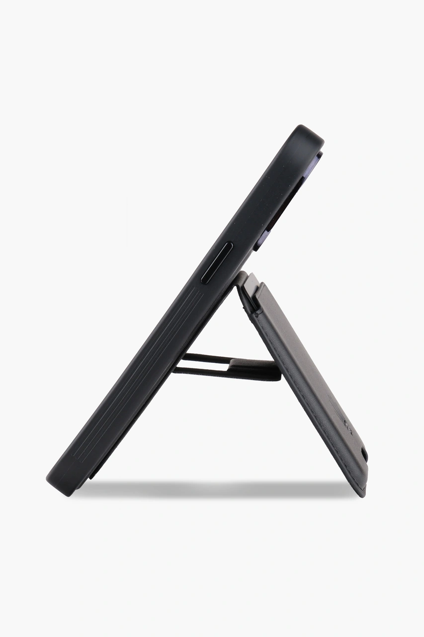 Standlı Iphone 15 Siyah Deri Telefon Kılıfı Siyah