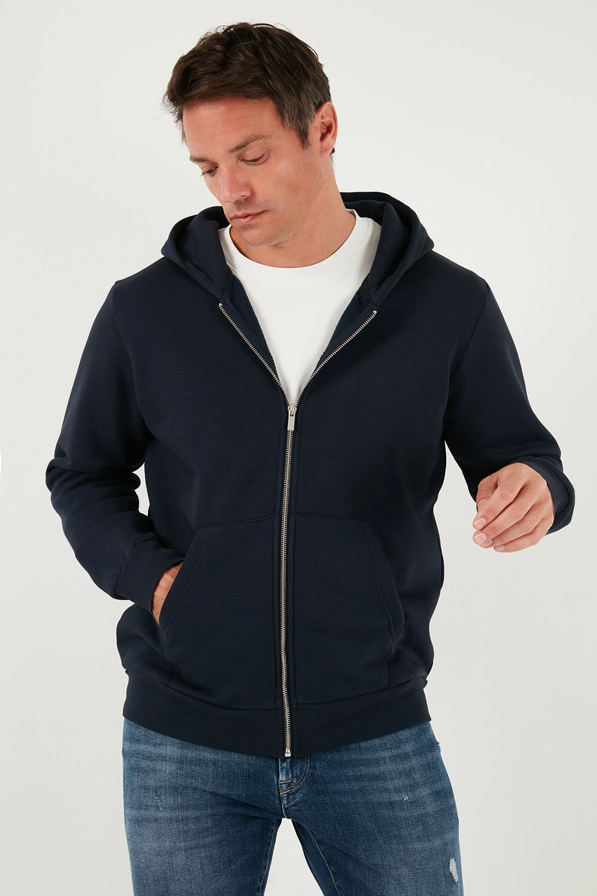 Buratti Regular Fit Kapüşonlu Fermuarlı Içi Tüylü Yumuşak Şardonlu Kışlık Erkek Sweat 5905340 Koyu Lacivert