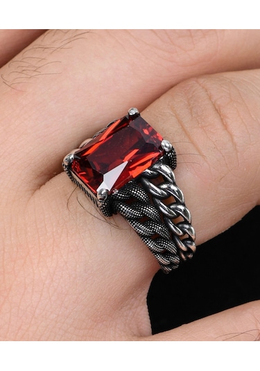 Prestij Gümüş Gemici Zincir Modeli Kırmızı Zirkon Taşlı 925 Ayar Gümüş Erkek Yüzüğü 800927