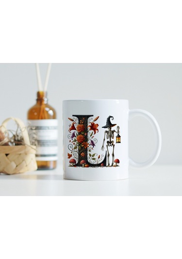 L Harfi Şapkalı İskelet Figürlü Ve Çiçekli Kupa Bardak - Cadılar Bayramı / Halloween Özel Hediye Beyaz