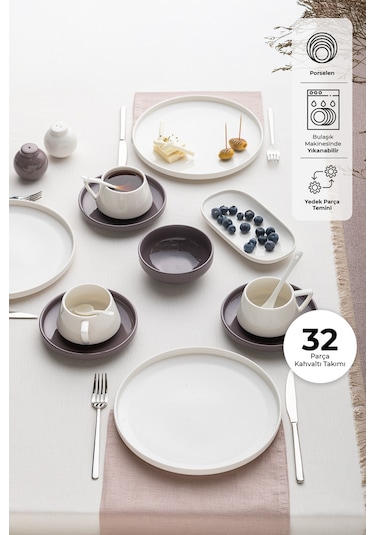Emsan Parla 32 Parça 6 Kişilik Kahvaltı Takımı Gri Beyaz Beyaz - Gri