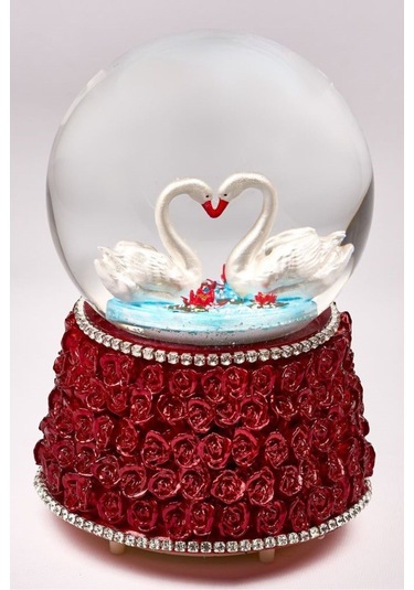 Kar Küresi Gonca Buket Büyük 100 Mm El Boyaması, Müzikli Kendinden Üflemeli, Kuğu