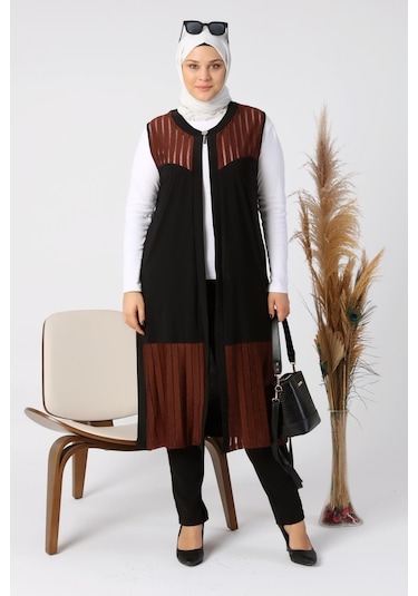 Kadin Buyuk Beden Transparan Taşlı Uzun Yelek 001