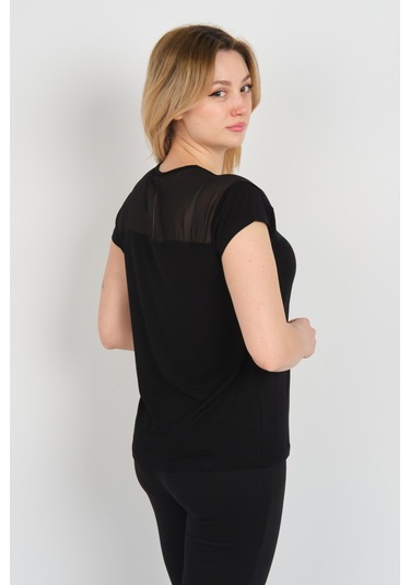 Sistas Kadın V Yaka Omuz Ve Sırt Tül Detaylı Kısa Kol Bluz 4148 Siyah Siyah
