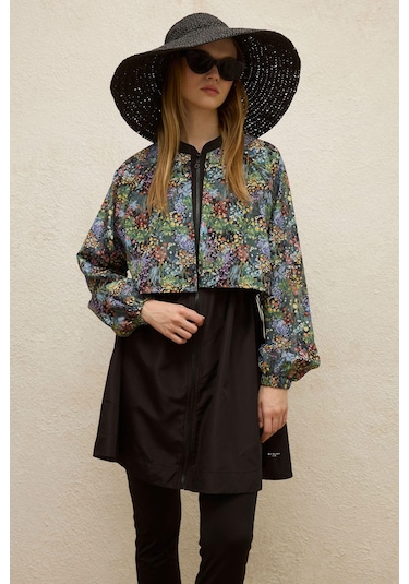 Manuka Rüzgarlıklı 3'lü Tesettür Mayo Takımı Tıny Flower Çok Renkli - Siyah