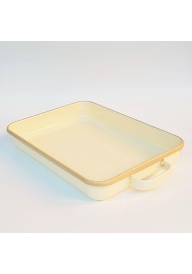 Emaye Kulplu Dikdörtgen Fırın Tepsisi Krem Krem