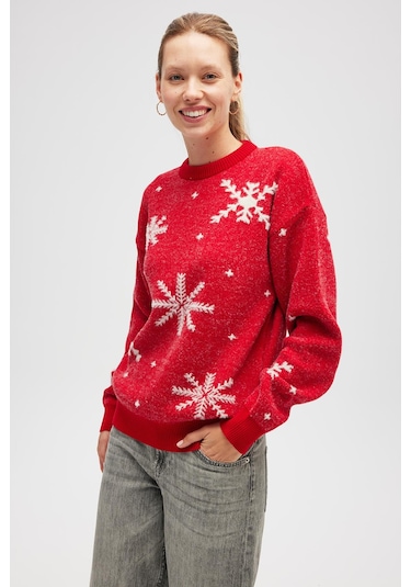 Peraluna Snowflake Kartanesi Desenli Unisex Yılbaşı Kazağı - Kırmızı Kırmızı