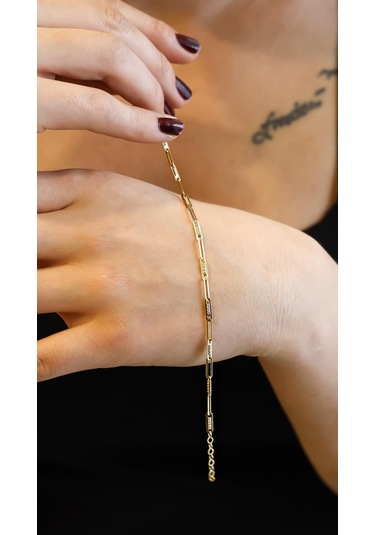 Semiz Altın Taş Detaylı Ataç Altın Bileklik Sarı - Yeşil