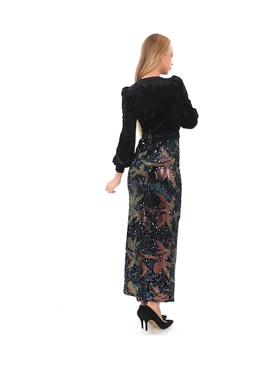 Kruvaze Yaka Payetli Elbise 2750-siyah/bakır Siyah/bakır