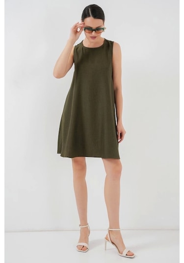 Defymoda 2444 Mini Keten Elbise - Haki Haki