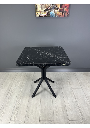 Tepe Siyah Mermer Mutfak Yemek Masası Balkon Masası Kavisli Köşe Siyah Ayak 70 Cm