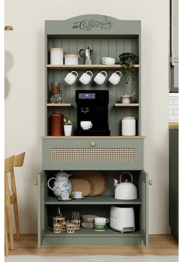 Lucas 2 Kapaklı Çekmeceli Pvc Hasır Desen Kahve Köşesi & Çok Amaçlı Mutfak Dolabı-açık Ceviz & Yeşil Yeşil