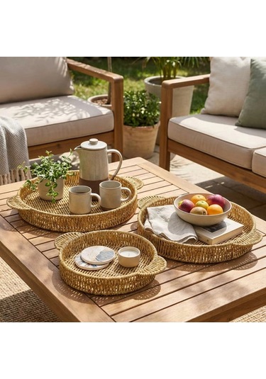Durukar İç İçe Geçebilen 3 Lü Yuvarlak Plastik Rattan Tepsi Seti Hasır Görünümlü Çok Amaçlı Servis
