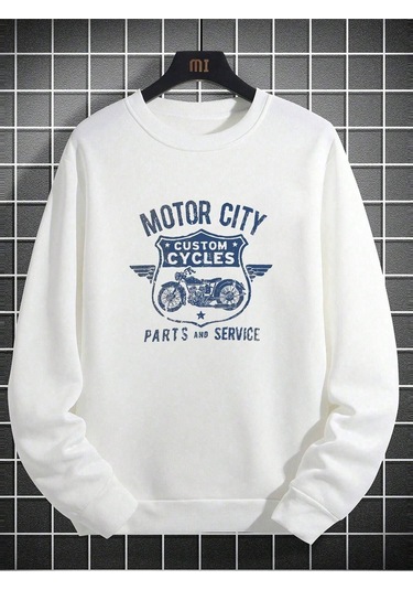 Coko Serisi Motorcycle & Letter Graphic Sweatshirt Beyaz--8448 Beyaz