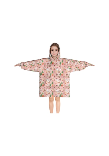 Noel Temalı 6-13 Yaş Çocuk Giyilebilir Battaniye Hoodie, Kalın Peluş, Büyük Boy-a144 Krem - Pembe