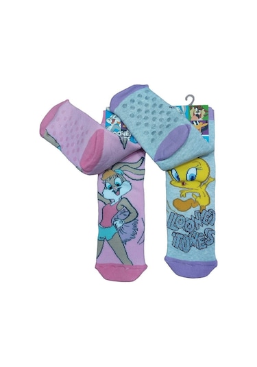 2'li Looney Tunes Tabanı Kaydırmaz Kışlık Havlu Çocuk Çorap-pembe-gri