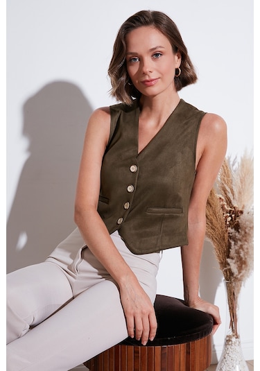 Lela Fitted Scuba Süet V Yaka Düğmeli Bayan Yelek 5865576 Haki