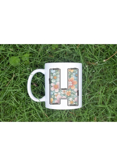 H Harfli Pastel Çiçek Desenli Kahve Kupası - Kişiye Özel Çiçekler Koleksiyonu Bardak - Hediye Beyaz