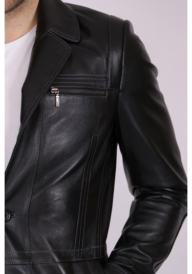 Erkek Siyah Hakiki Deri Yakalı Düğmeli Klasik Casual Mont